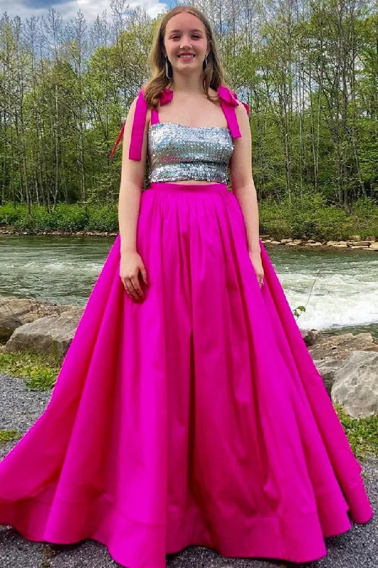 Weekend Flash Sale Two Piece Tie Shoulder Fuchsia Prom Dress with Sequined Top