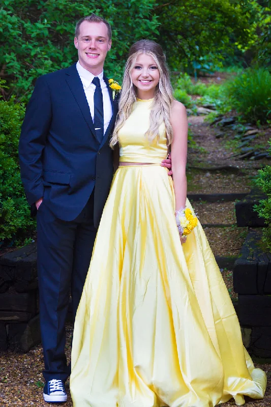 Year-End Clearance Two Piece High Neck Long Daffodil Prom Dress