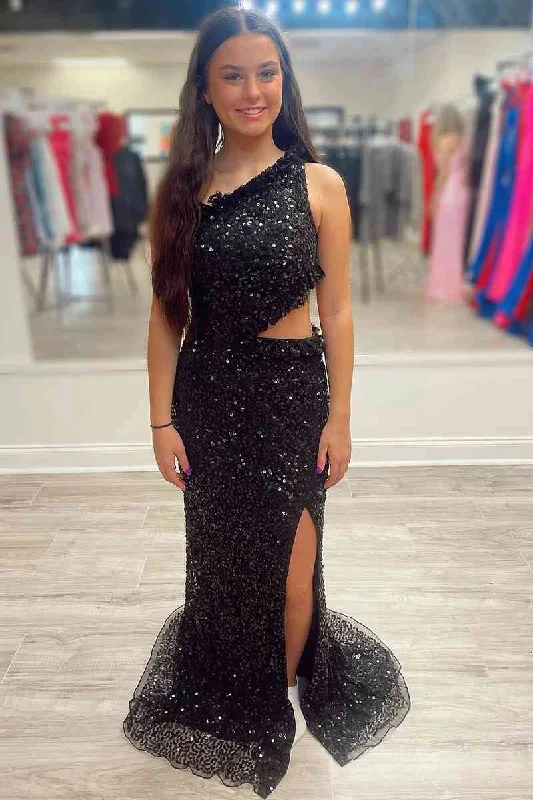 Online Only Cutout One Shoulder Black Sequins Long Party Dress