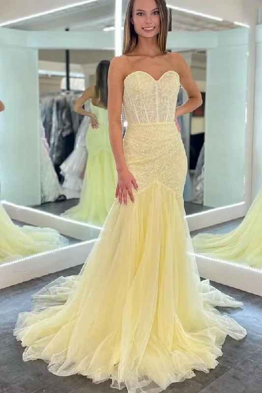 Great Bargains Strapless Mermaid Yellow Lace Formal Dress