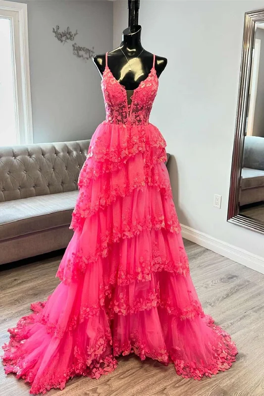 Extra Discounts Spaghetti Straps Hot Pink Appliques Ruffle A-line Gown