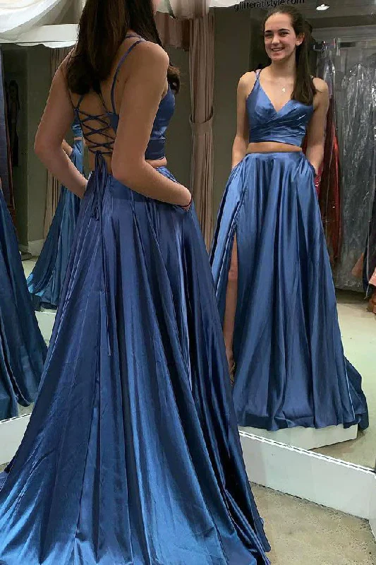 Price Drop Alert Two Piece Lace-up Back Long Blue Prom Dress with Pockets