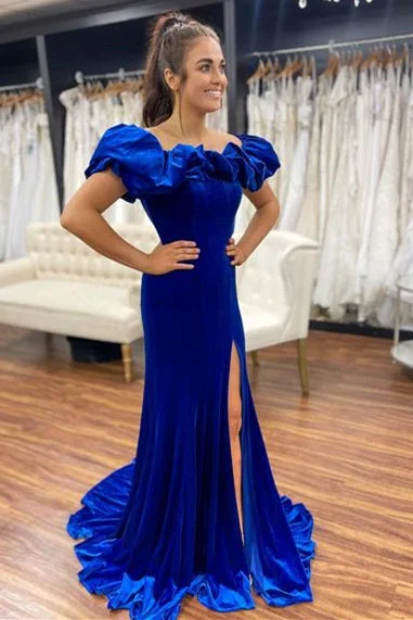 While Supplies Last Ruffle Off the Shoulder Royal Blue Long Formal Dress with Slit