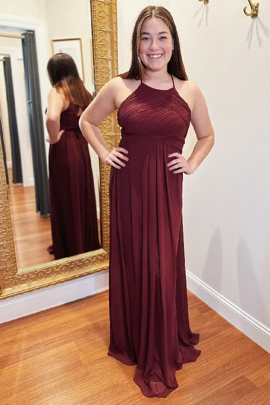 Unmissable Offer Pleated Burgundy Halter Chiffon Bridesmaid Dress