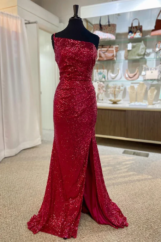 Loyalty Reward Mermaid One Shoulder Sequins Long Prom Dress with Slit