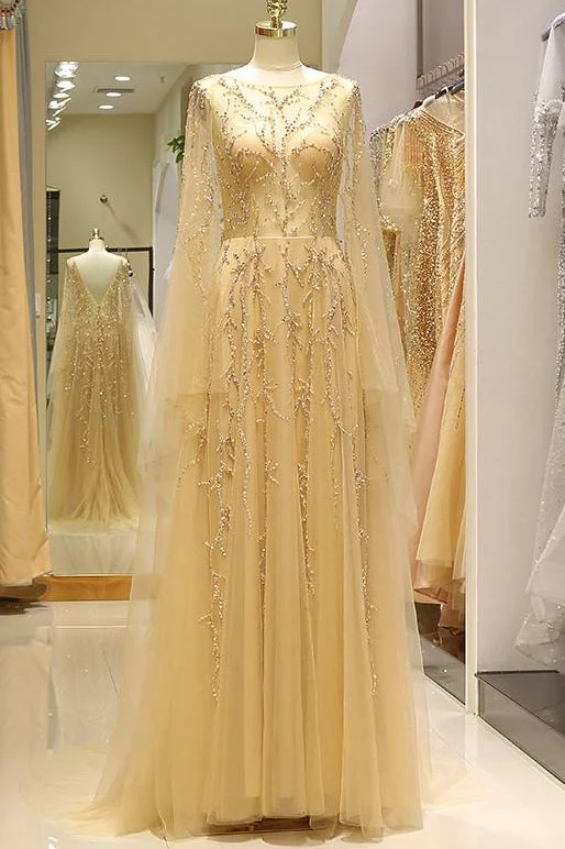 New Arrival V-Back See-Through Floor Length Gold Prom Evening Gown