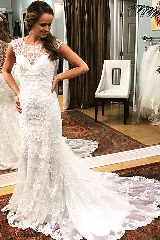 Limited Time Long Mermaid Cap Sleeves Ivory Wedding Dress with Lace