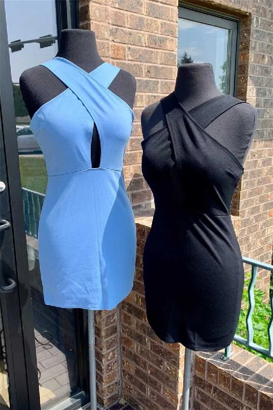 Markdowns Simple Blue Tight Cross Front Short Dress