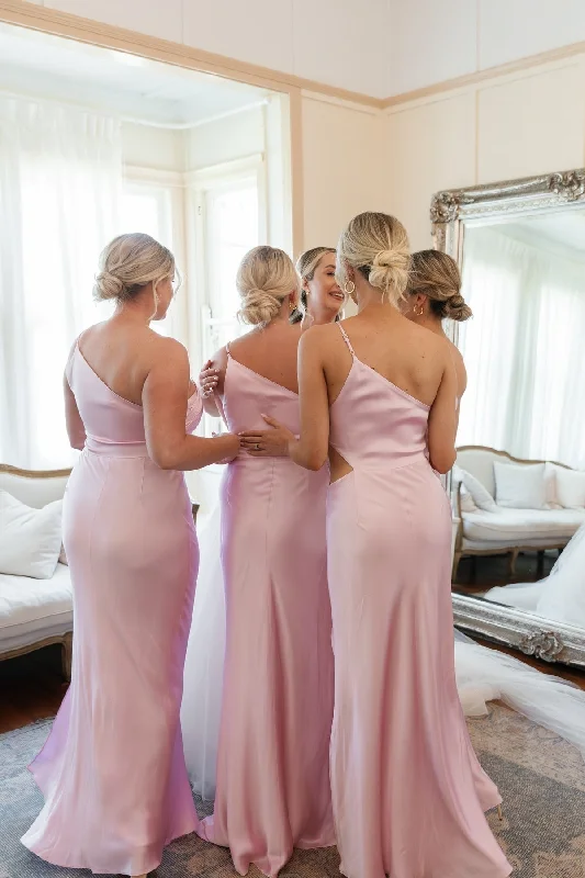 Discount Deals One Shoulder Pink Cutout Fitted Bridesmaid Dress