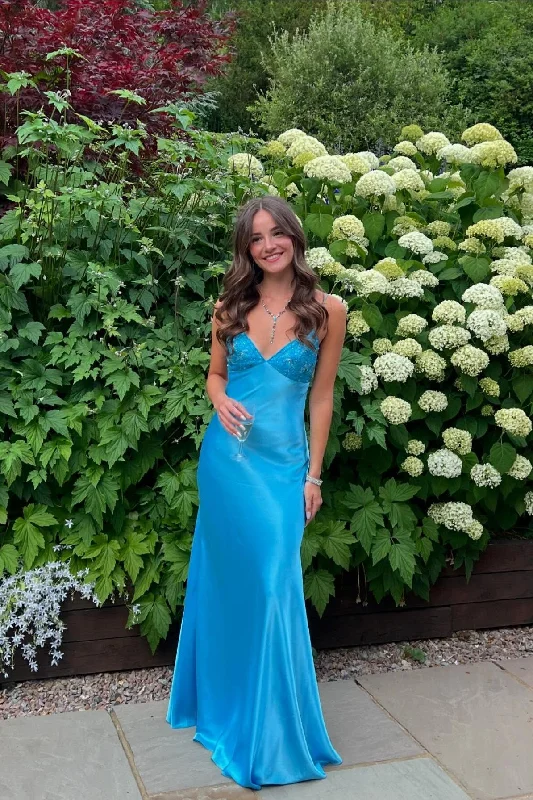 The Best Prices Beaded Blue Soft Satin Sheath Long Dress