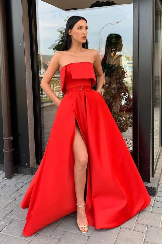 Crazy Deals Modern Side Slit Long Red Prom Dress with Ribbon