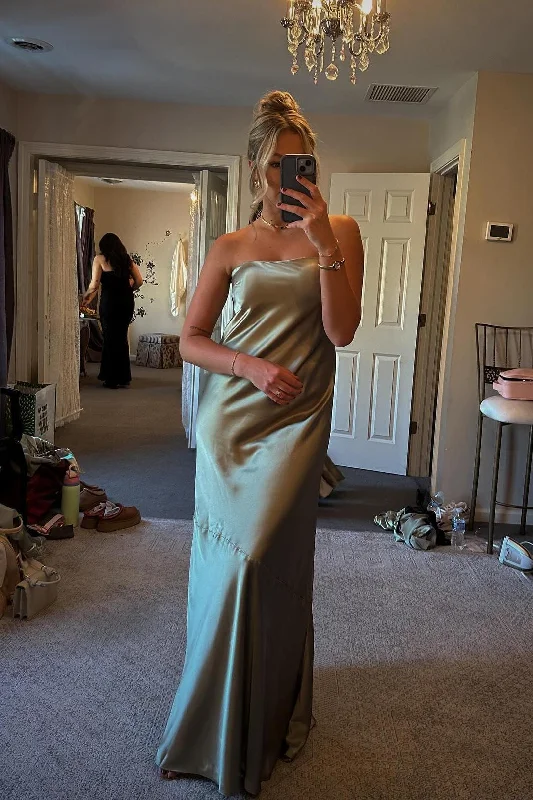 TIME-Limited Offer Strapless Olive Green Satin A-line Long Party Dress