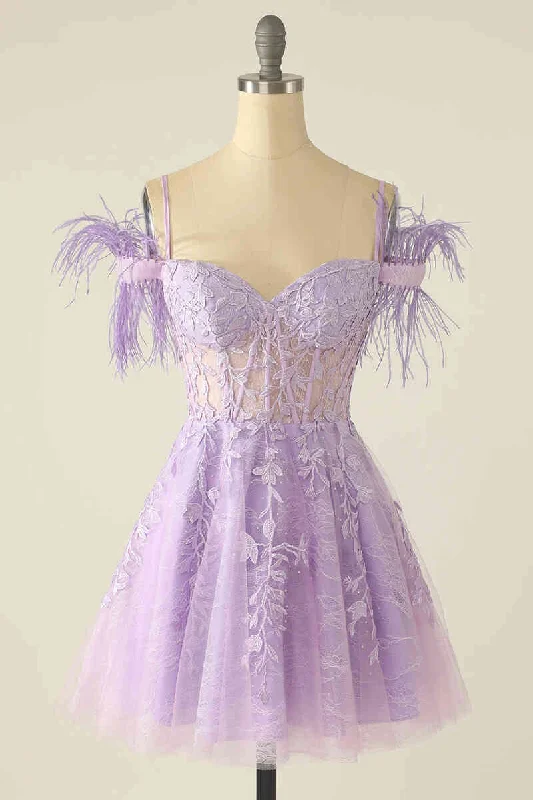 Super Deal Feather Cold Shoulder Lavender Appliqued Short Homecoming Dress
