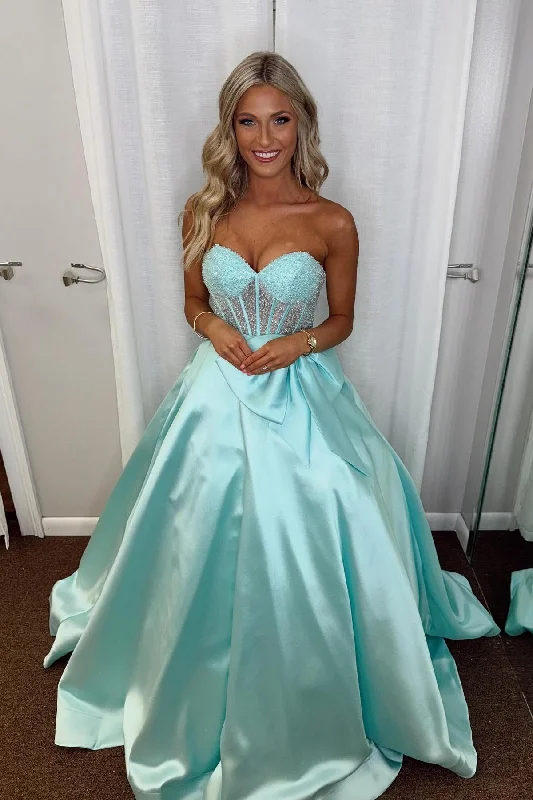 Deep Discounts Beaded Sheer Aqua Satinn A-line Formal Gown