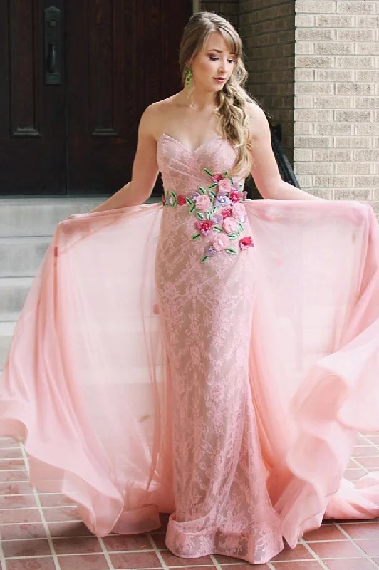 Overstock Sweetheart Floral Embroidery Pink Prom Dress with Train