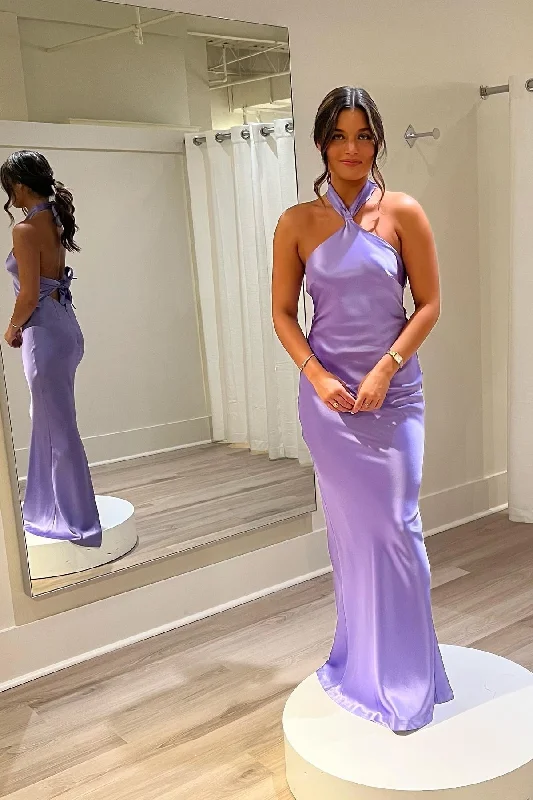 Reduced Prices Halter Lavender Soft Satin Fitted Dress