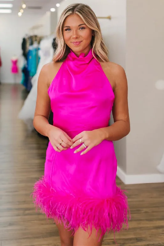 Limited Time High Neck Fuchsia Short Homecoming Dress with Feather Hem