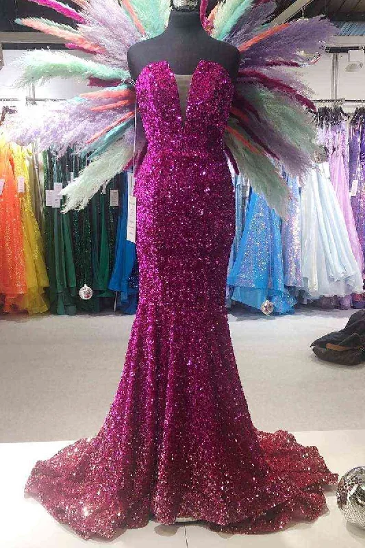 New Deals Strapless Fuchsia Mermad Sequins Long Prom Dress