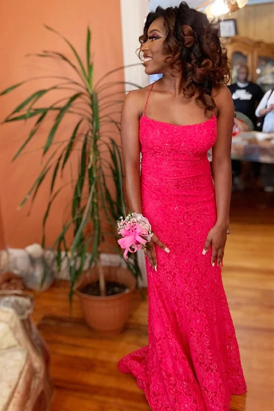Mega Sale Spaghetti Straps Hot Pink Lace Mermaid Prom Dress