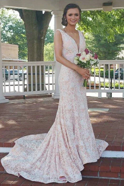 Best Bargains V-Neck Mermaid Long Peach Prom Dress with White Lace