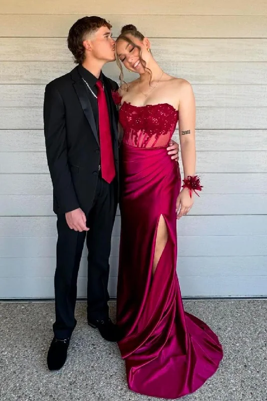Quick Sale Strapless Red Sheet Appliques Fitted Long Prom Dress