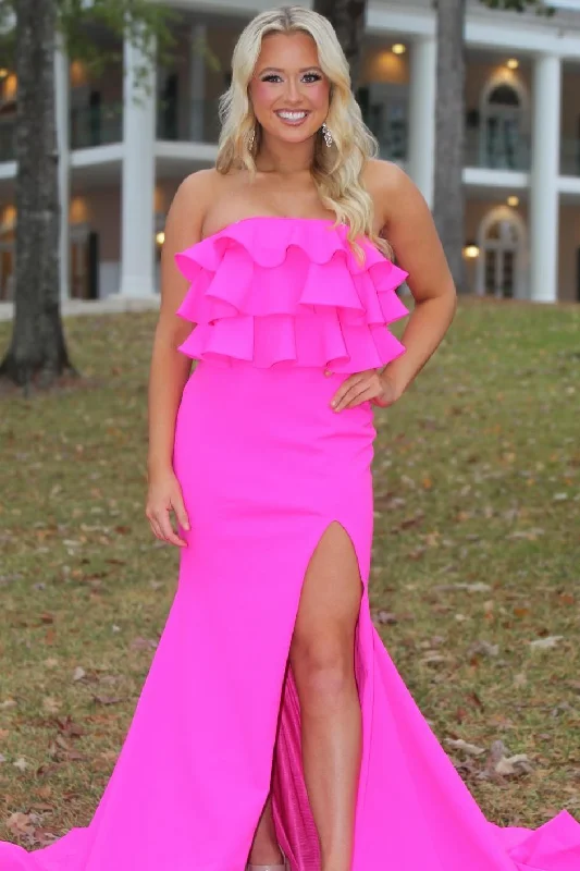 Lowest Price Strapless Fuchsia Ruffle Fitted Long Formal Dress with Slit