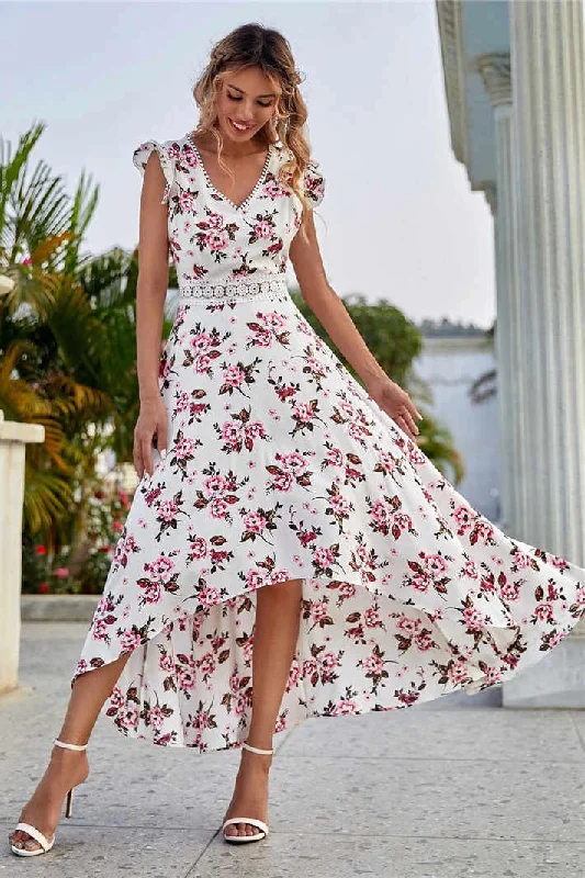 Time-Limited Offer White V-Neck Floral Hi-Low Sundress