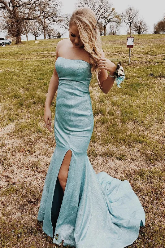 Special Discount Strapless Mermaid Fitted Long Ice Blue Prom Dress with Slit