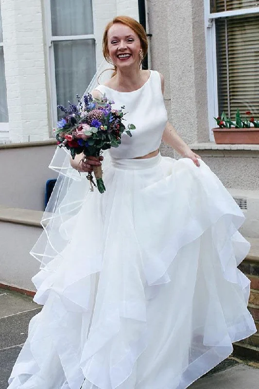 Reduced Prices Two Piece Long Ruffles A-line White Wedding Dress