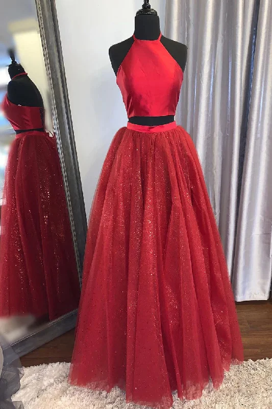 Savings Galore Elegant Two Piece Halter Red Long Prom Dress with Lace-Up Back