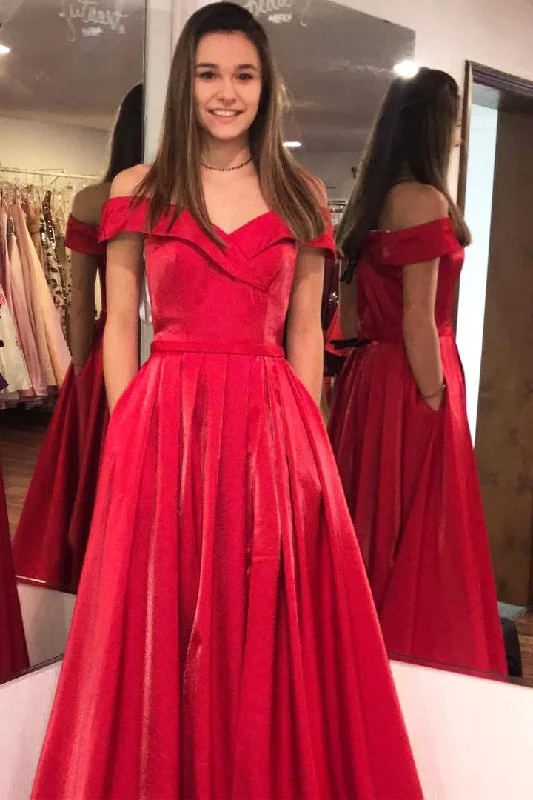Instant Discount Elegant Red Long Prom Dress with Pockets