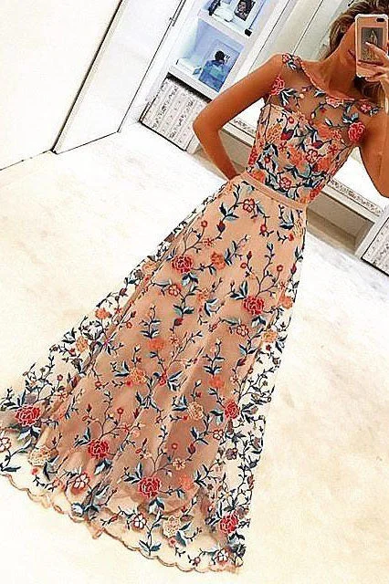 Act Fast Gorgeous Illusion Neck Floral Embroidey Long Prom Dress