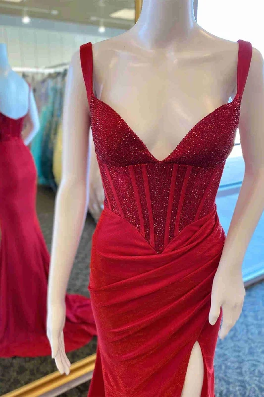 Value Deals Beaded Red V-Neck Pleated Long Prom Dress with Slit