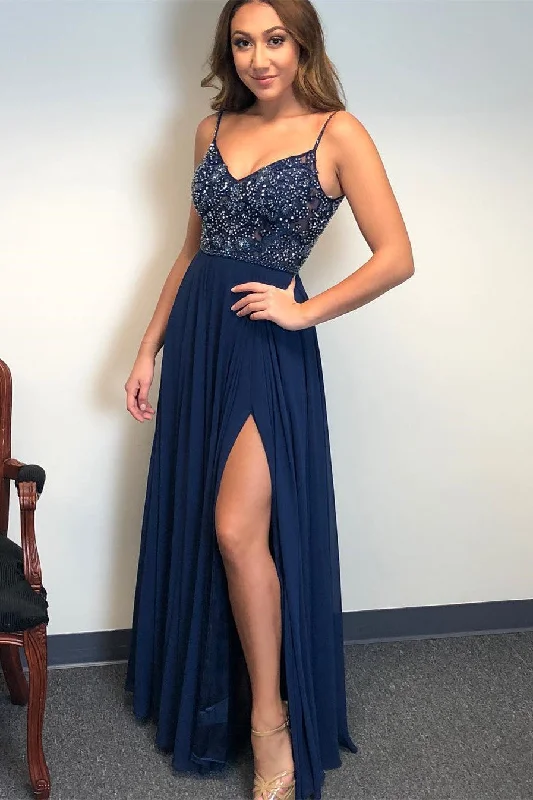 Value Deals Navy Blue Prom Dress - Beaded Top and Side Slit