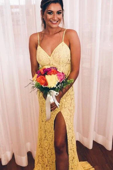 Reduced Prices Elegant Mermaid Yellow Lace Evening Dress with High Slit