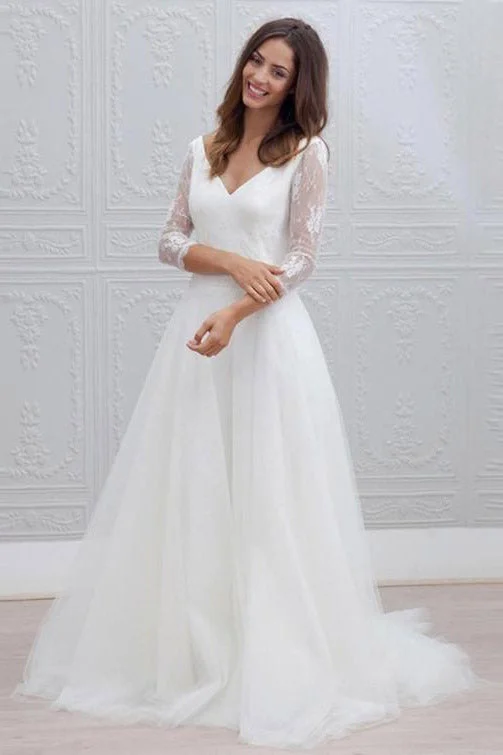 Buy More, Save More Princess Long Sleeves A-line V-Neck White Wedding Dress with Lace