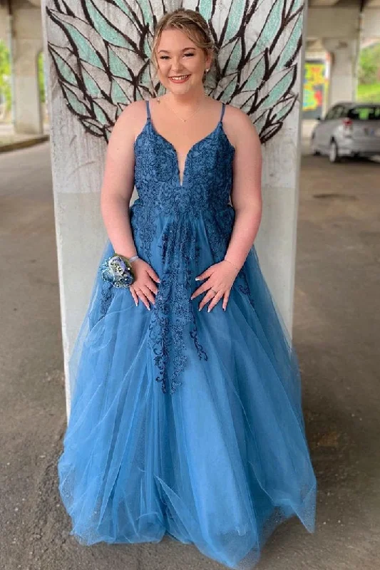 Savings Galore Elegant A-line Blue Long Prom Dress with Lace appliques