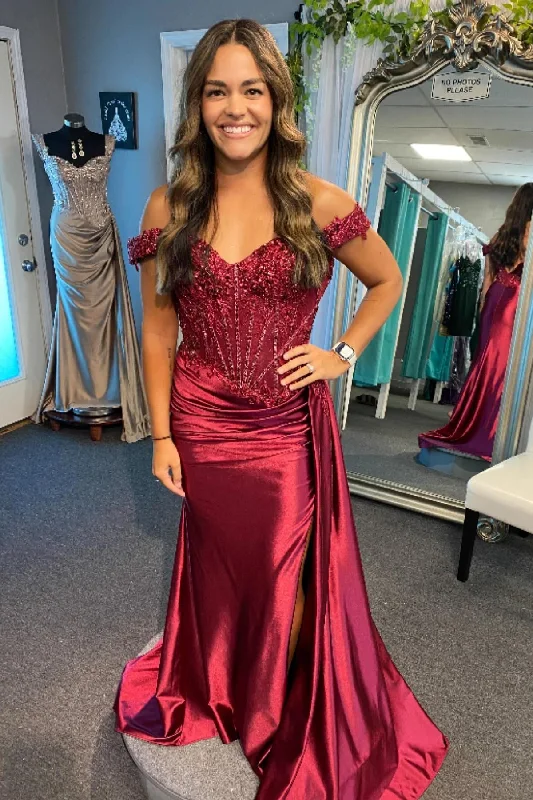 Weekend Deal Off the Shoulder Wine Red Appliques Long Formal Dress