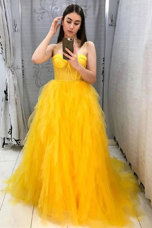 Huge Discounts Spaghetti Straps Yellow Tulle Long Formal Dress