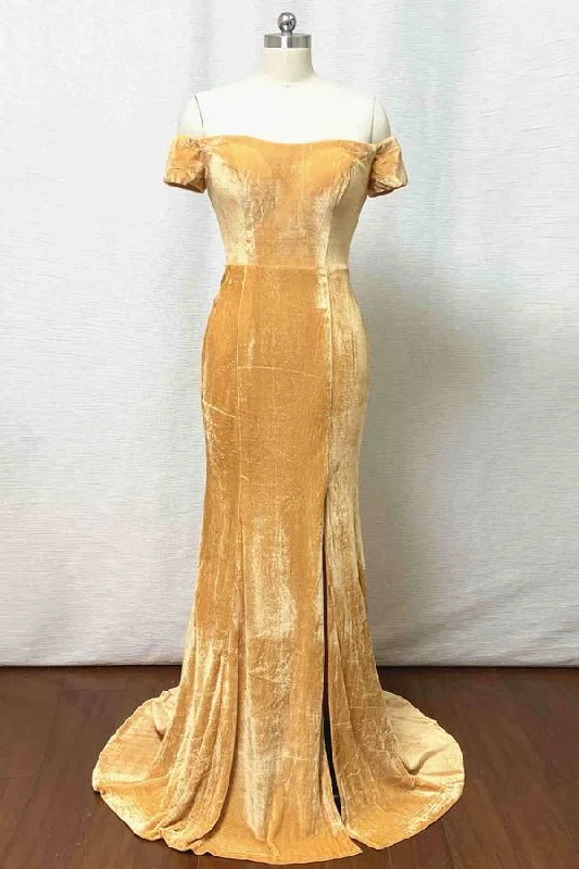 Extra Savings Off-the-Shoulder Gold Mermaid Velvet Bridesmaid Dress