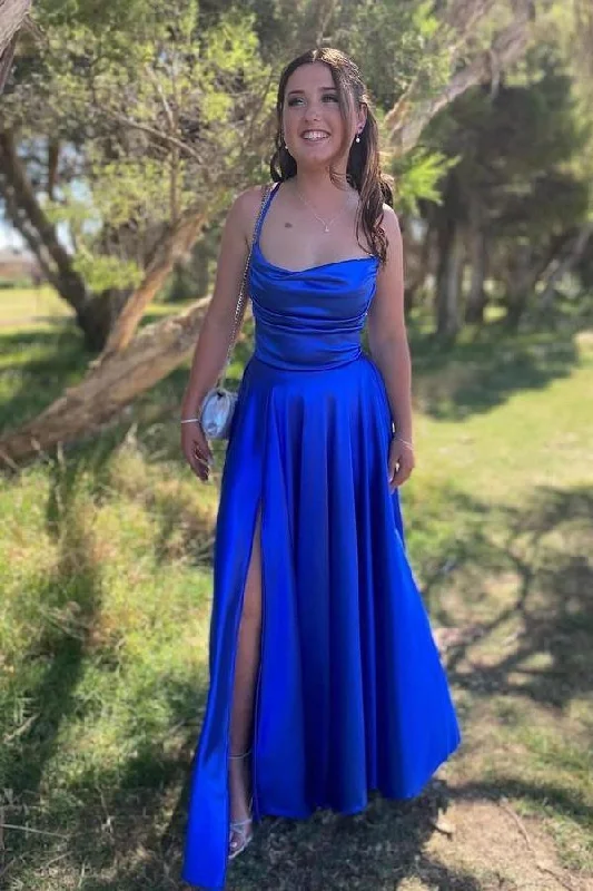 Midnight Madness Cowl Neck Royal Blue Satin A-line Formal Dress
