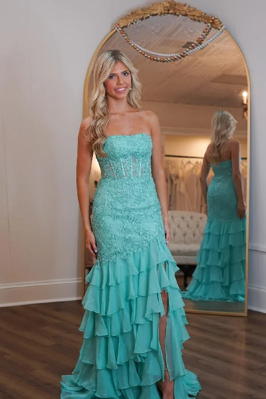 Blowout Deals Strapless Teal Lace Appliques Fitted Ruffle Prom Dress