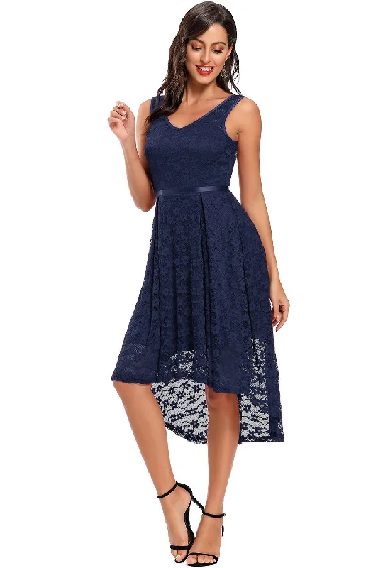 Super Deal V-Neck Navy Blue Lace Long Party Dress with Sash