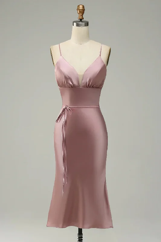 New Markdowns Straps Dusty Rose Tea Length Satin Midi Bridesmaid Dress