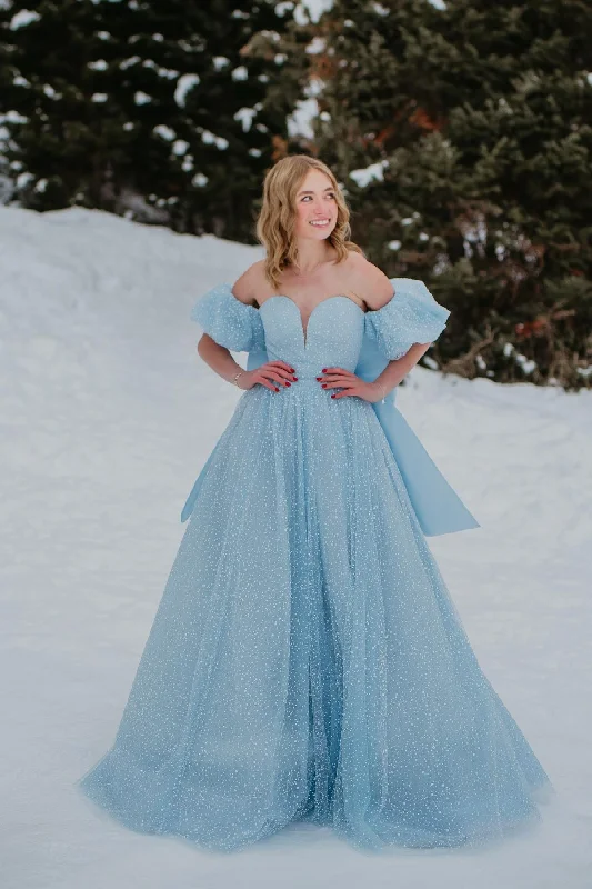Shop and Save Sweetheart Sky Blue A-line Long Formal Gown with Bow