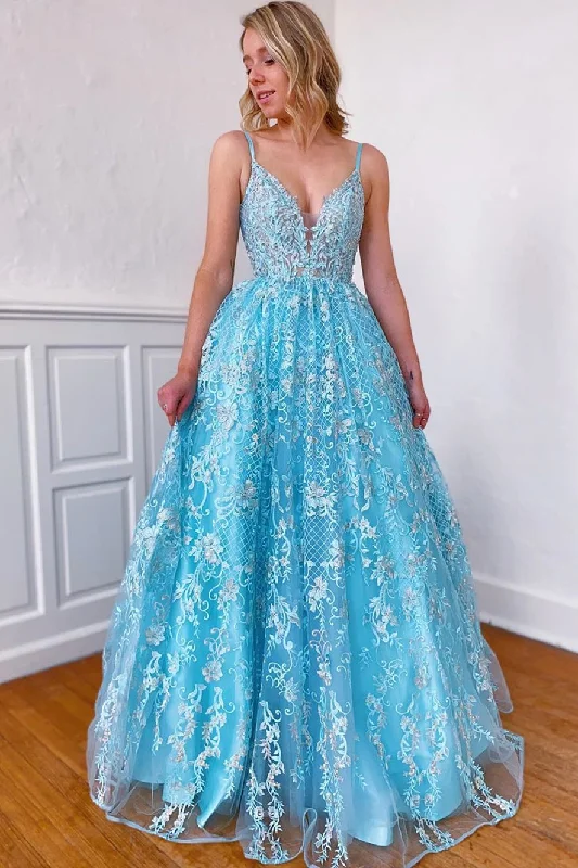 Flash Deals A-line V-Neck Lace Appliques Blue Long Prom Dress