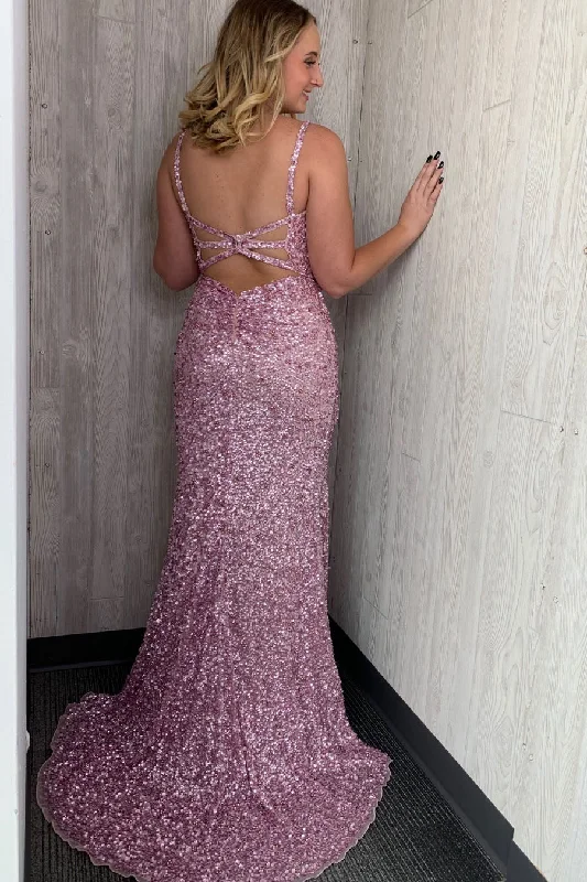 Big Discounts Gorgeous Straps Mermaid Pearl Pink Sequin Long Prom Dress with Slit