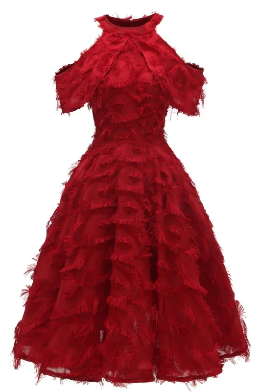 Limited Quantity Vintage Off the Shoulder Red Fur Short Party Dress