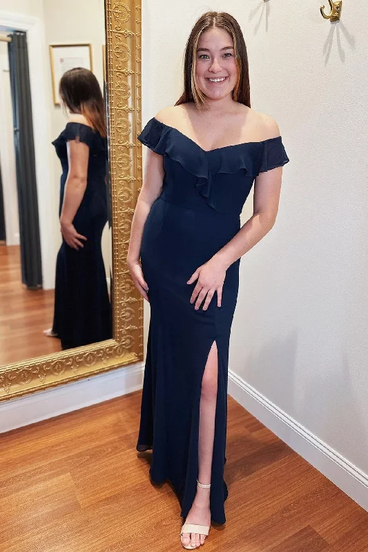 Time-Limited Offer Off the Shoulder Ruffles Navy Blue Chiffon Bridesmaid Dress