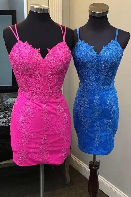 While Supplies Last Double Straps Hot Pink Appliques Tight Homecoming Dress